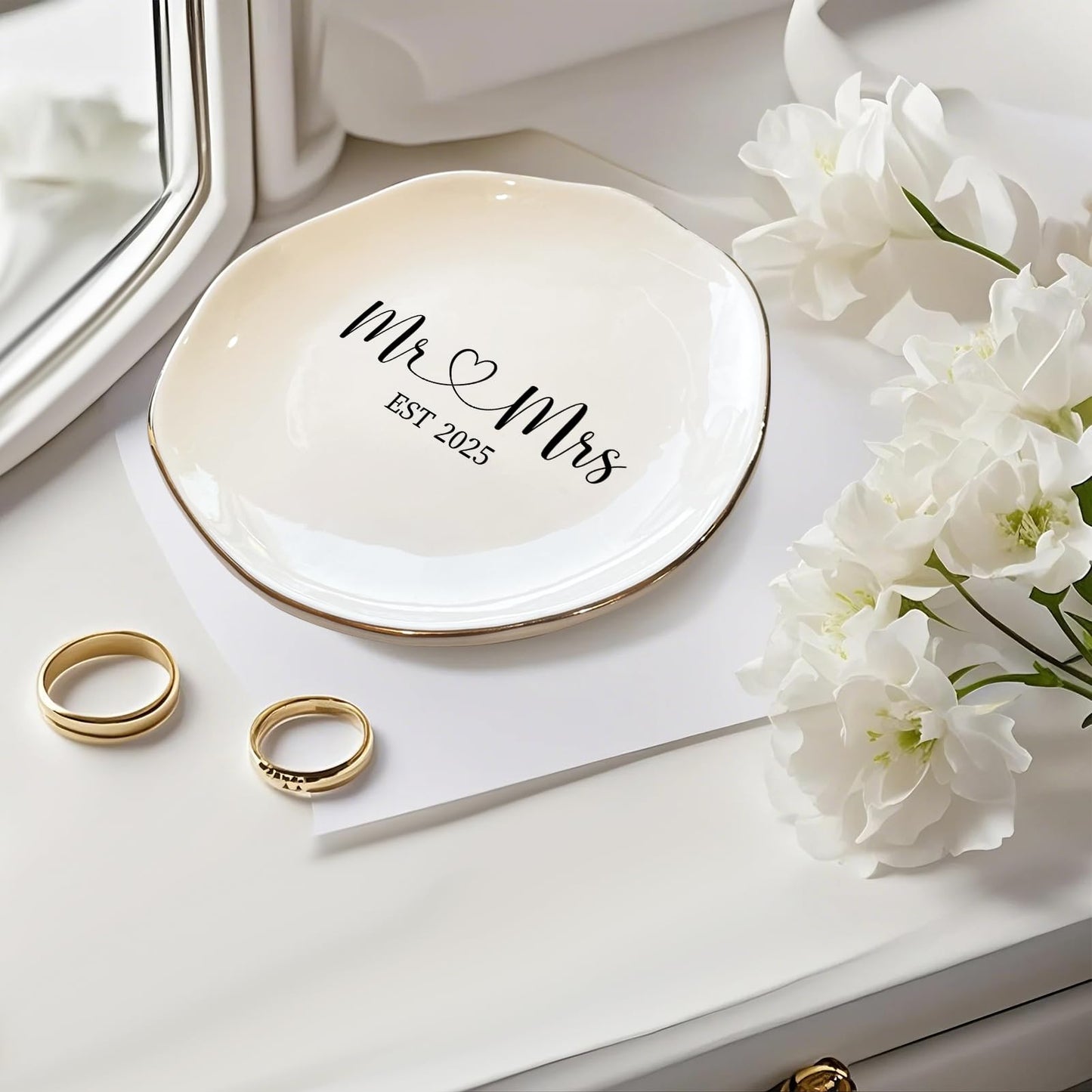 Mr & Mrs EST 2025 Ring Dish - Elegant Ceramic Ring Holder for Engagement, Wedding, and Bridal Shower Gifts - Honeymoon Keepsake for Friends, Newlyweds, and Bride-to-Be