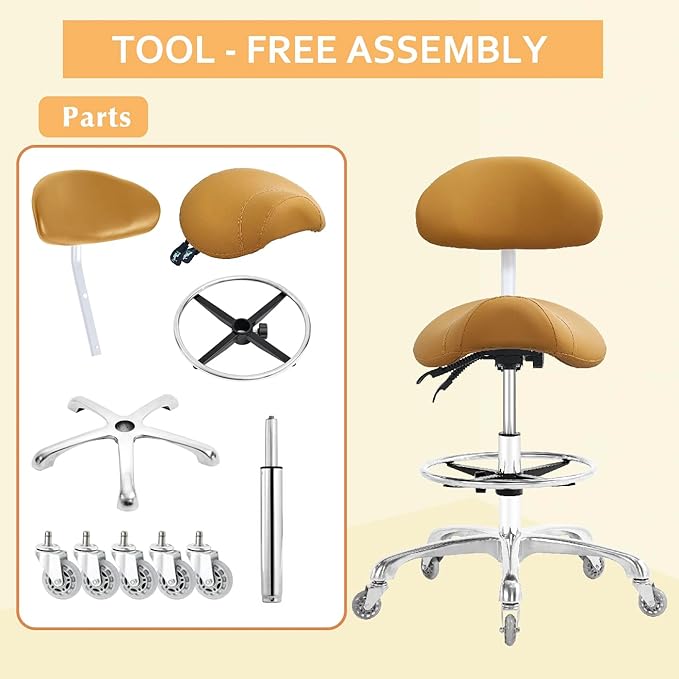 Nazalus Saddle Stool Chair with Back Support Footrest, Heavy-Duty(350LBS), Hydraulic Rolling Swivel Adjustable Stool Chair for Salon Spa Beauty Massage Dental Clinic Home Office Use(Camel)