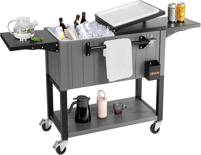 VEVOR 80QT Rolling Ice Chest, Holds up to 50 Bottles / 110 Cans, Portable Patio Party Bar Drink Cooler Cart with Bottom Sh...