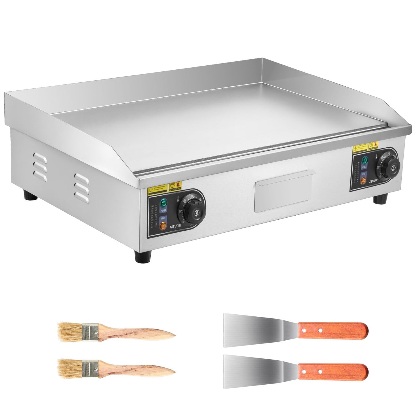 VEVOR Commercial Electric Griddle, 28.54 x 15.75 in, 4400W, 122-570°F Adjustable Temp Control, Stainless Steel Countertop Full Flat Top Grill with 2 Spatulas and 2 Brushes, for Steak, Pancake, Squid