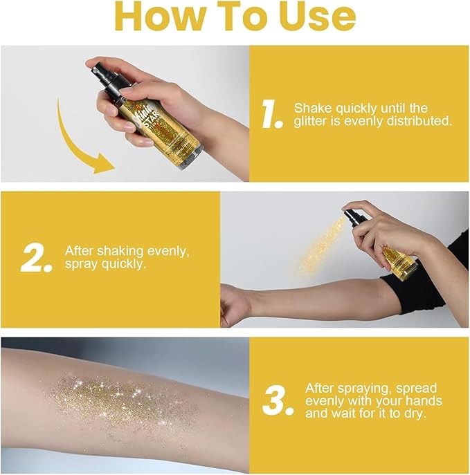 Gold Body Glitter Spray & Glitter Hairspray - Long-Lasting, Ultra-Shiny, Quick-Dry, Waterproof, Non-Clog Nozzle for Parties, Dances, Festivals, and Special Events