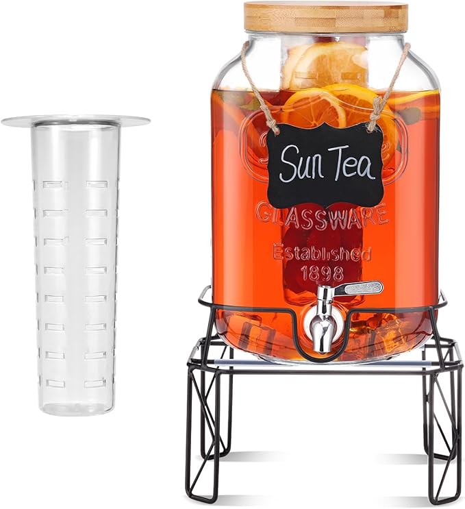 2 Gallon Drink Dispensers with Stand, Glass Beverage Dispenser with Stainless Steel Spigot and Bamboo Lid,Lemonade Dispens...