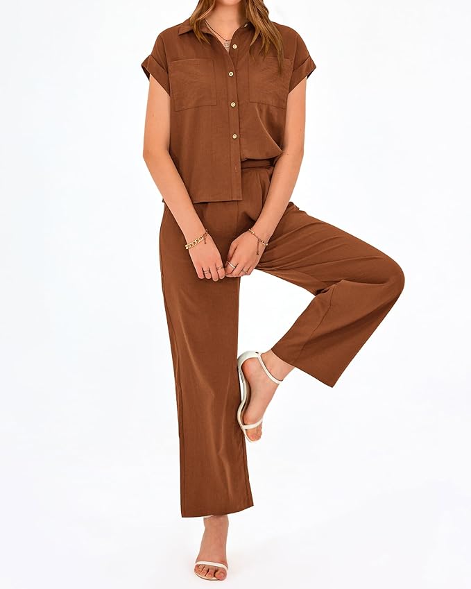 PRETTYGARDEN Womens 2 Piece sets Summer Cap Sleeve Tops Palazzo Pants Dressy Casual Vacation Travel Outfits Tracksuits