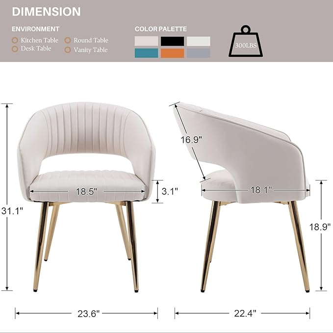 COMULER Faux Leather Dining Chairs Gold Legs, Modern Cream PU Leather Dining Room Chairs with Arms Set of 4 Upholstered Accent Chair Armchair with Barrel Back for Kitchen Living Room