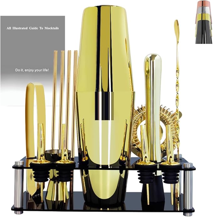 Professional Cocktail Shaker Set with Stand Cocktail Recipes, 15-Piece 750/600ml Bartender Kit, Bar Sets Bartending Kit Ba...