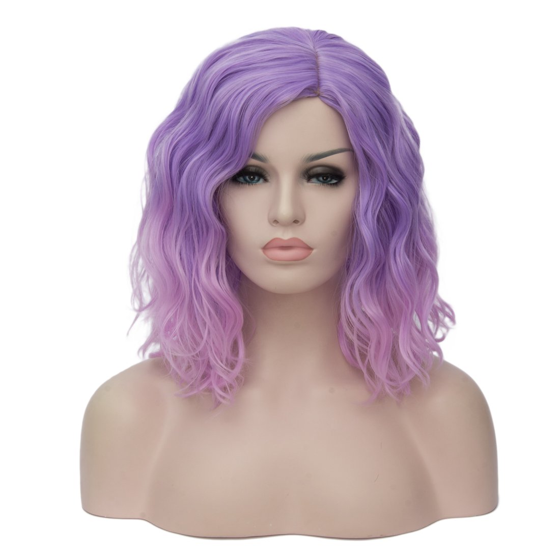 BUFASHION 14 Women Short Pink Purple Bob Wavy Glue Less Synthetic Hair Wig 46 Colors Available(Pink Purple)