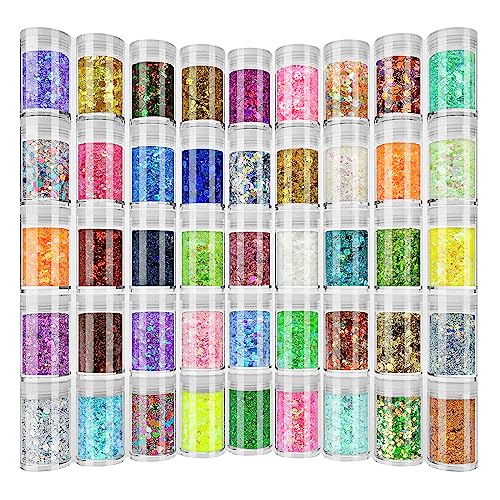 Holographic Chunky and Fine Glitter Mix, 45 Colors Craft Glitter for Epoxy Resin Arts, Iridescent Nail Glitter, Cosmetic E...