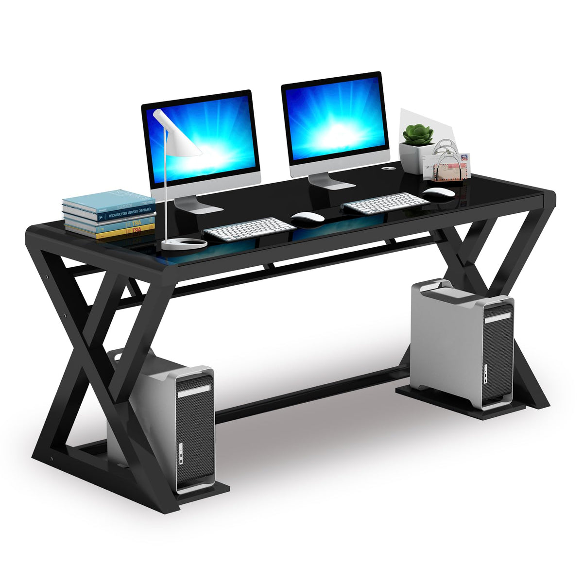 IPKIG Glass Computer Desk, Modern Computer Desk with Carbon Steel Frame and Glass Top, Home Office Desks Computer Table Study Writing Desk Workstation for Living Room (Black, 55.1 Inch)