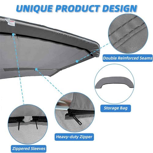 Seapisode 3 Bow Bimini Top Replacement Cover，600D Marine Grade Polyester Waterproof Sun Shade Boat Canopy，Easy Install Zipper Sleeves Boat Awning/Without Frame,Gray 6'L 54"-60" W