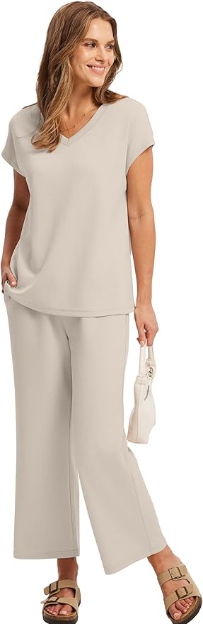 Saloogoe Two Piece Sets for Women Summer Outfits Lounge Sets V Neck Tops Wide Leg Pants Woman Vacation Travel Outfits