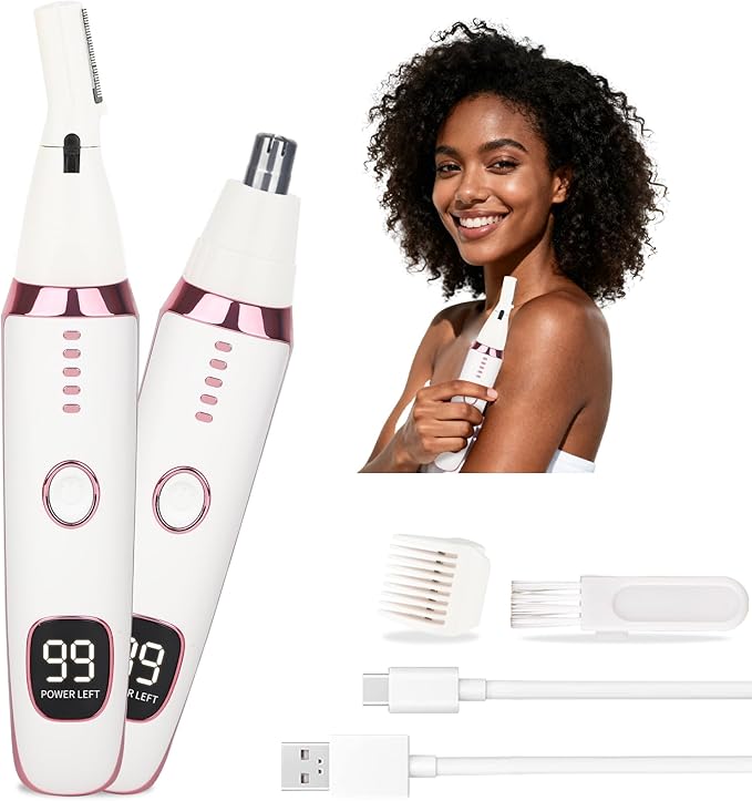 2 in 1 Nose and Ear Hair Trimmer with LED Display, Rechargeable Electric Nasal Hair Clipper for Men & Women, Eyebrow & Facial Hair Removal with Dual-Edge Blades, Easy to Clean