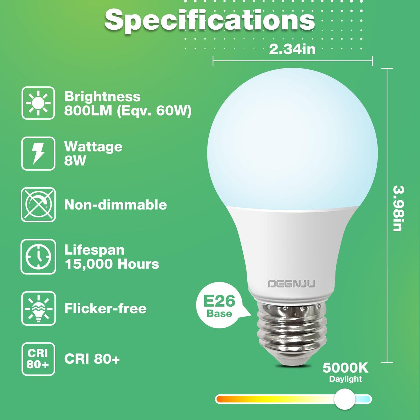 DEGNJU A19 LED Light Bulbs, 60 Watt Equivalent LED Bulbs, Daylight 5000K, 800 Lumens, E26 Standard Base, Non-Dimmable, 8W Warm White LED Bulbs for Bedroom Living Room,3 Pack