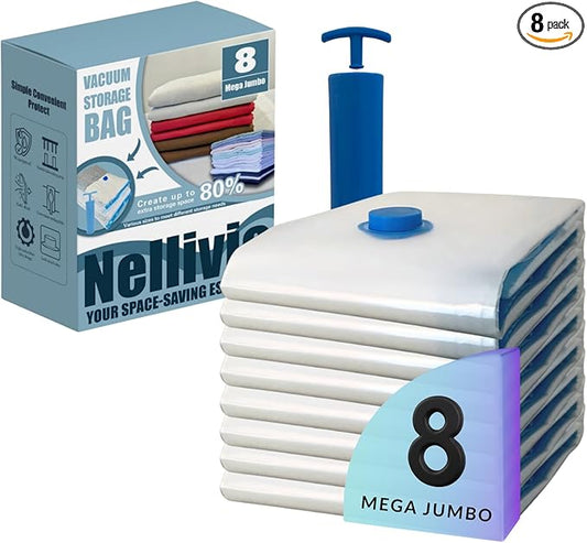 8 Mega Jumbo XXL Vacuum Storage Bags with Pump, Supersized Compression Space Saver for Comforter, duvet, Bedding, Blanket storage, Vacuum Seal Bags for Clothing, Durable Safe Poly Material
