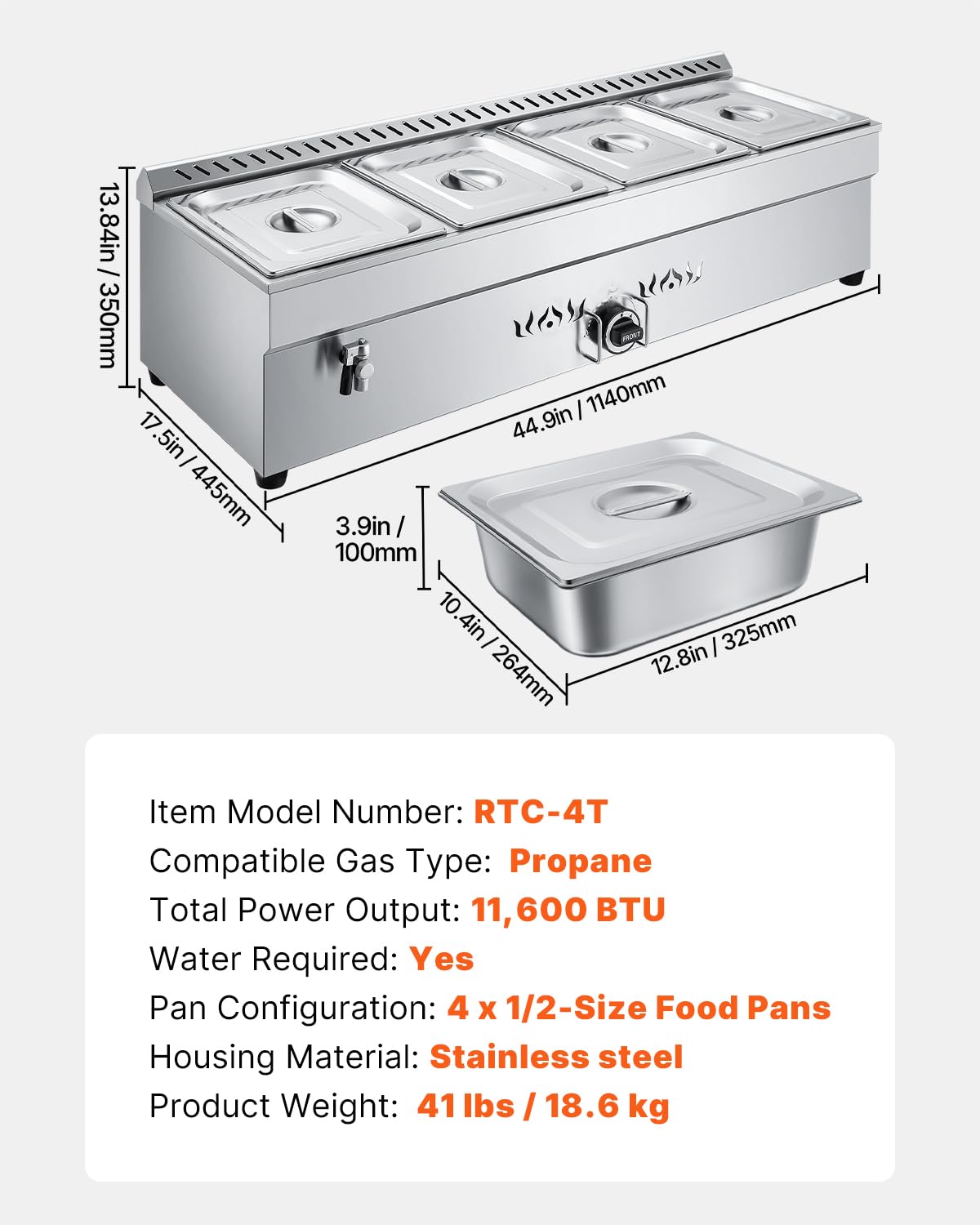 VEVOR 4-Pan Commercial Propane Steam Table, LP Gas Outdoor Soup Warmer with Drain Valve, Stainless Steel Propane Food Warmer with Adjustable Temperature, for Restaurant Party Outdoor Camping