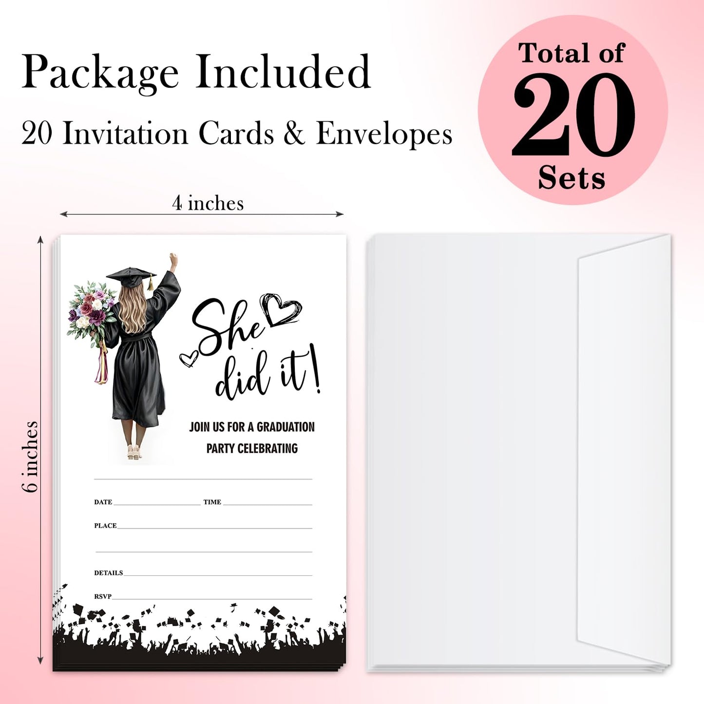ZSHFMY Graduation Party Invitations, She Did It Graduation Invitation Card, 20 Invitation With Envelopes, Grad Party Announcement Invite Cards For High School University -Invite03