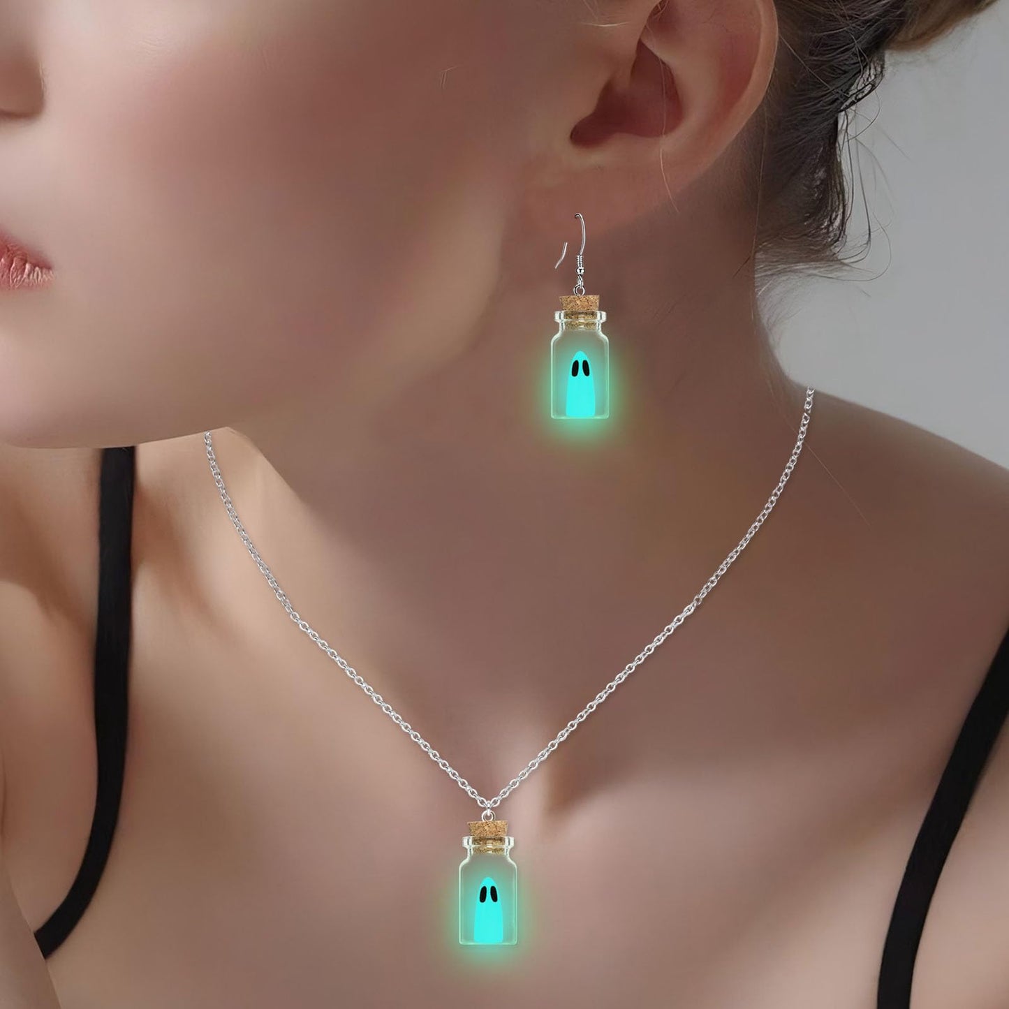 Gonashow Ghost Earrings & Necklace Blue, Glow in The Dark, Adopt A Ghost Earrings for Women, Men, Spooky Halloween Jewelry Set