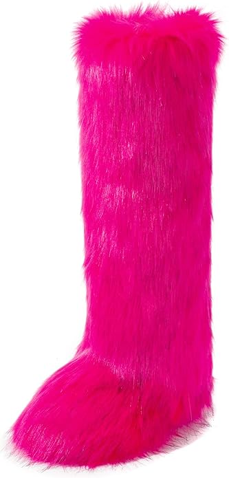 IXU Women's Faux Fur Boot Furry Fluffy Round Toe Suede Winter Comfy Plush Warm Short Outdoor Indoor Flat Shoes Knee-High B...
