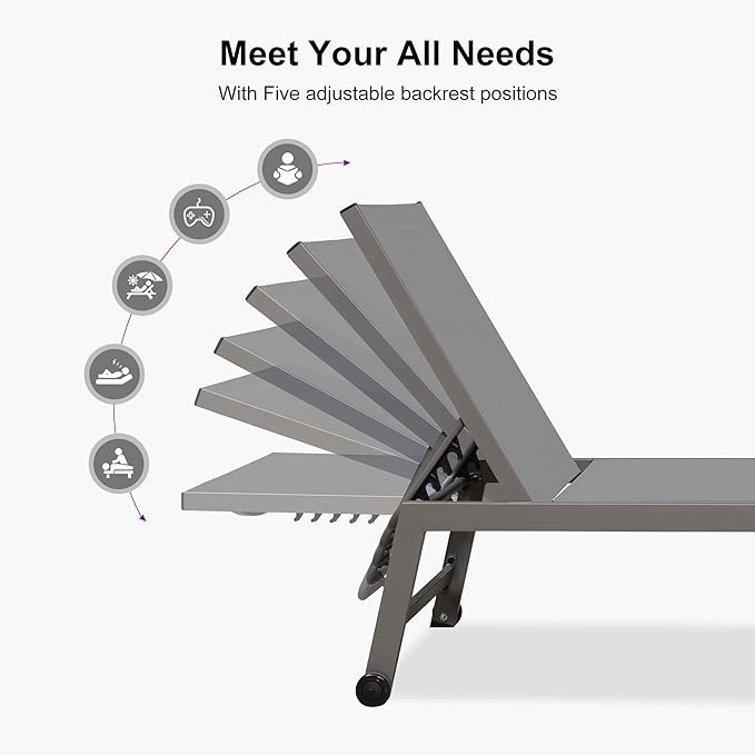 PURPLE LEAF Outdoor Lounge Chair Set for 2 Aluminum Patio Chaise Lounger with Wheels and Adjustable Backrest Pool Reclining Lounge Chairs for Beach Yard Poolside Table Included, Light Grey