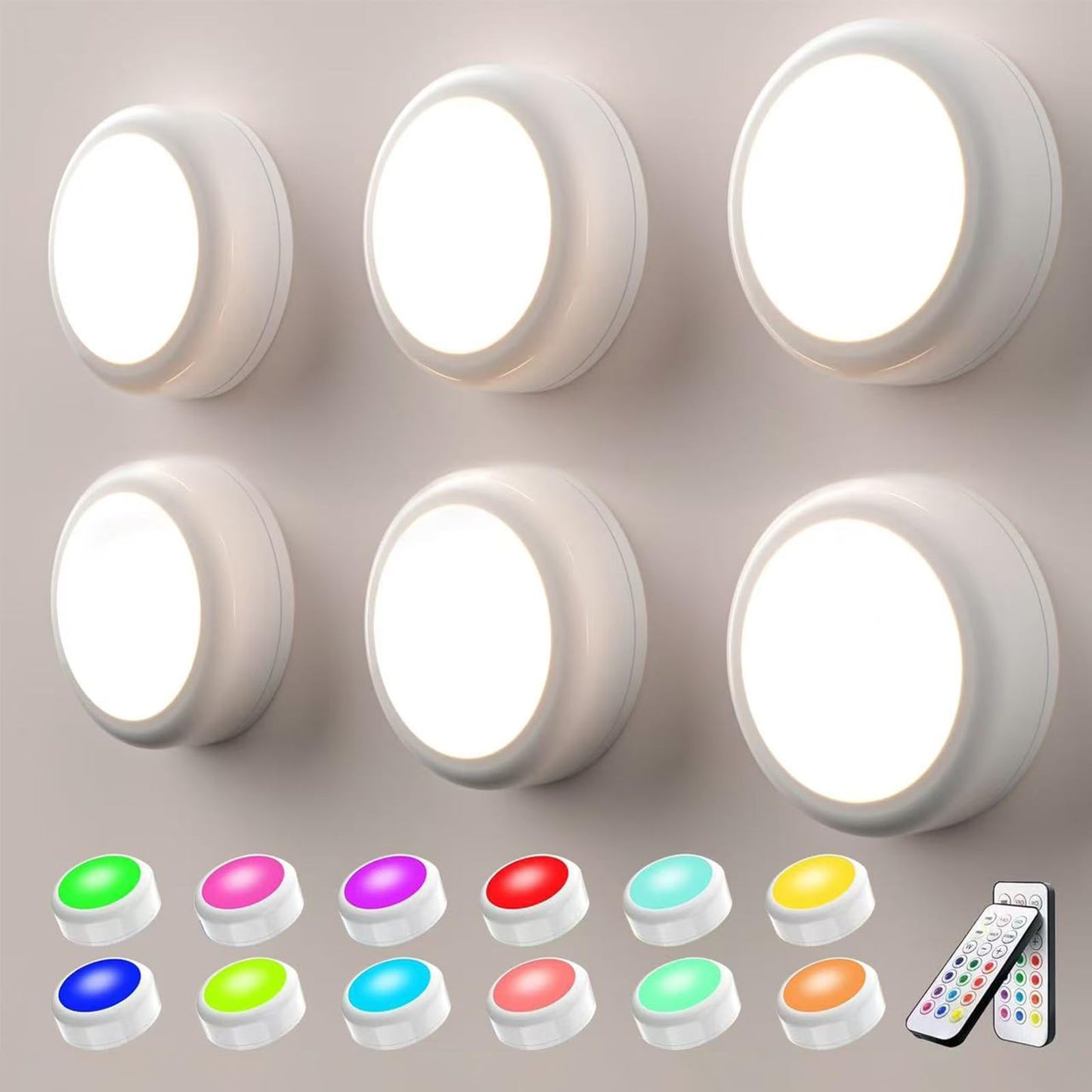 swesara Push Lights with Remote Puck Lighting Battery Operated Tap Lights Button Stick On Color Changing Led Lights 6 Pack (6P White)