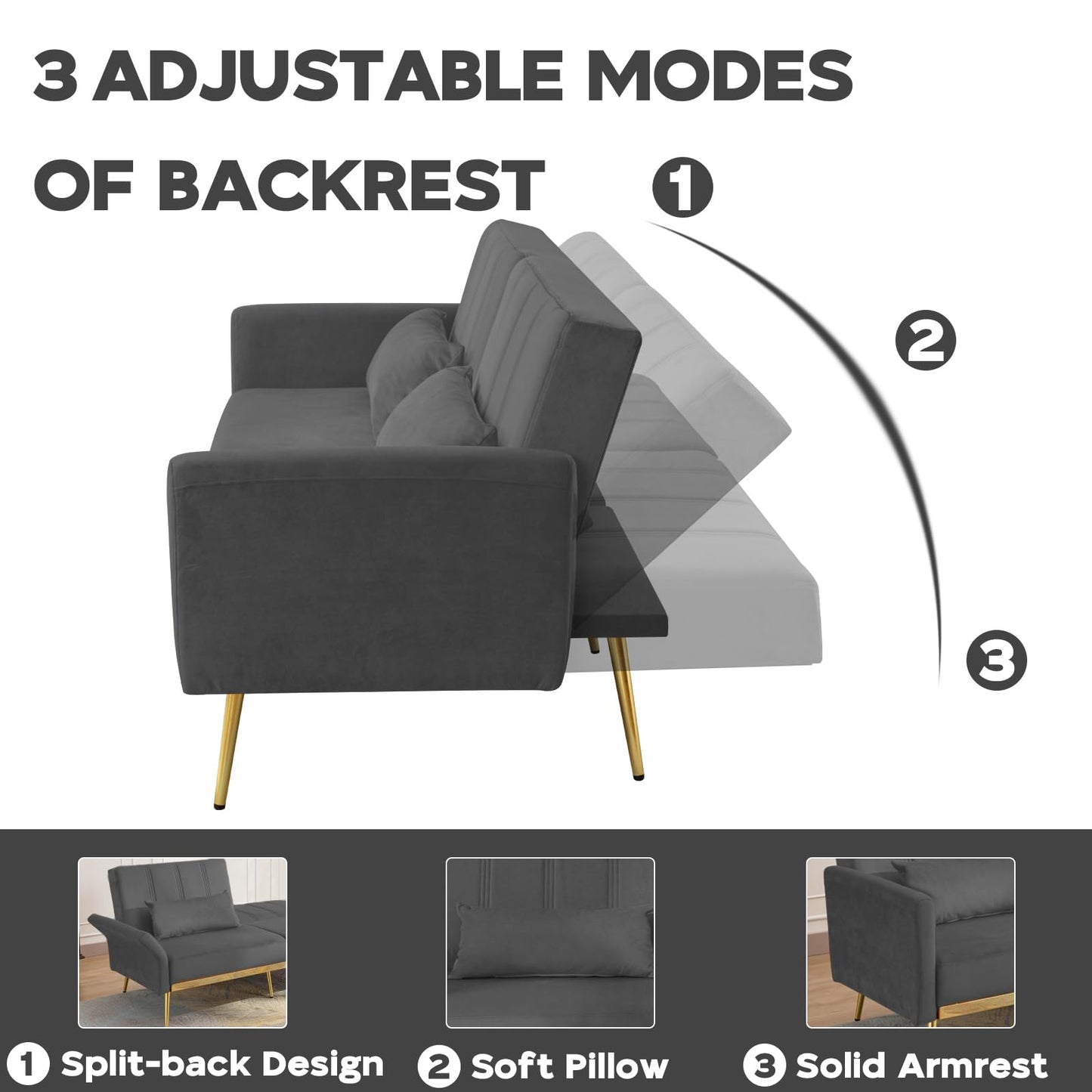 dannratch 70'' Futon Sofa Bed Velvet Convertible Sleeper Sofa Tufted Couch Bed with Adjustable Armrests and Backrest, Modern Loveseat Sleeper Bed with 2 Bolster Pillows for Living Room, Bedroom, Grey