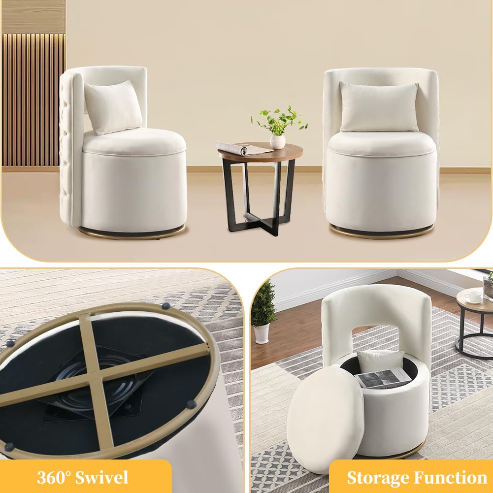 Swivel Accent Chair,Velvet Round Storage Sofa Club Upholstered Barrel Modern Arm Chair for Nursery, Living Room, Hotel, Bedroom, Office, Lounge, Hotel Office (Off White)