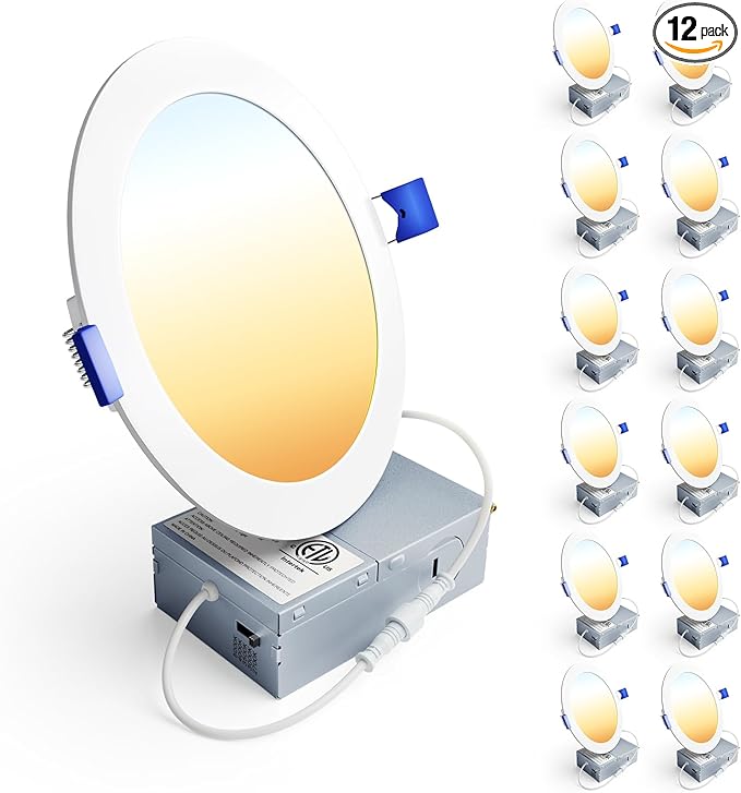 Ensenior 12 Pack 6 Inch LED Recessed Ceiling Light, Dimmable, 2700K-5000K 5CCT, 1200LM 12W 120V, High Brightness Canless W...