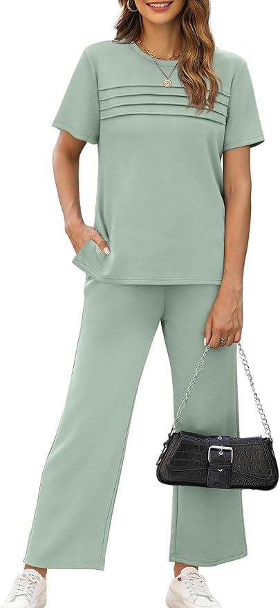 WIHOLL Two Piece Sets for Women Summer Travel Vacation Outfits Short Sleeve Lounge Sets Side Slit Wide Leg Pants S-3XL