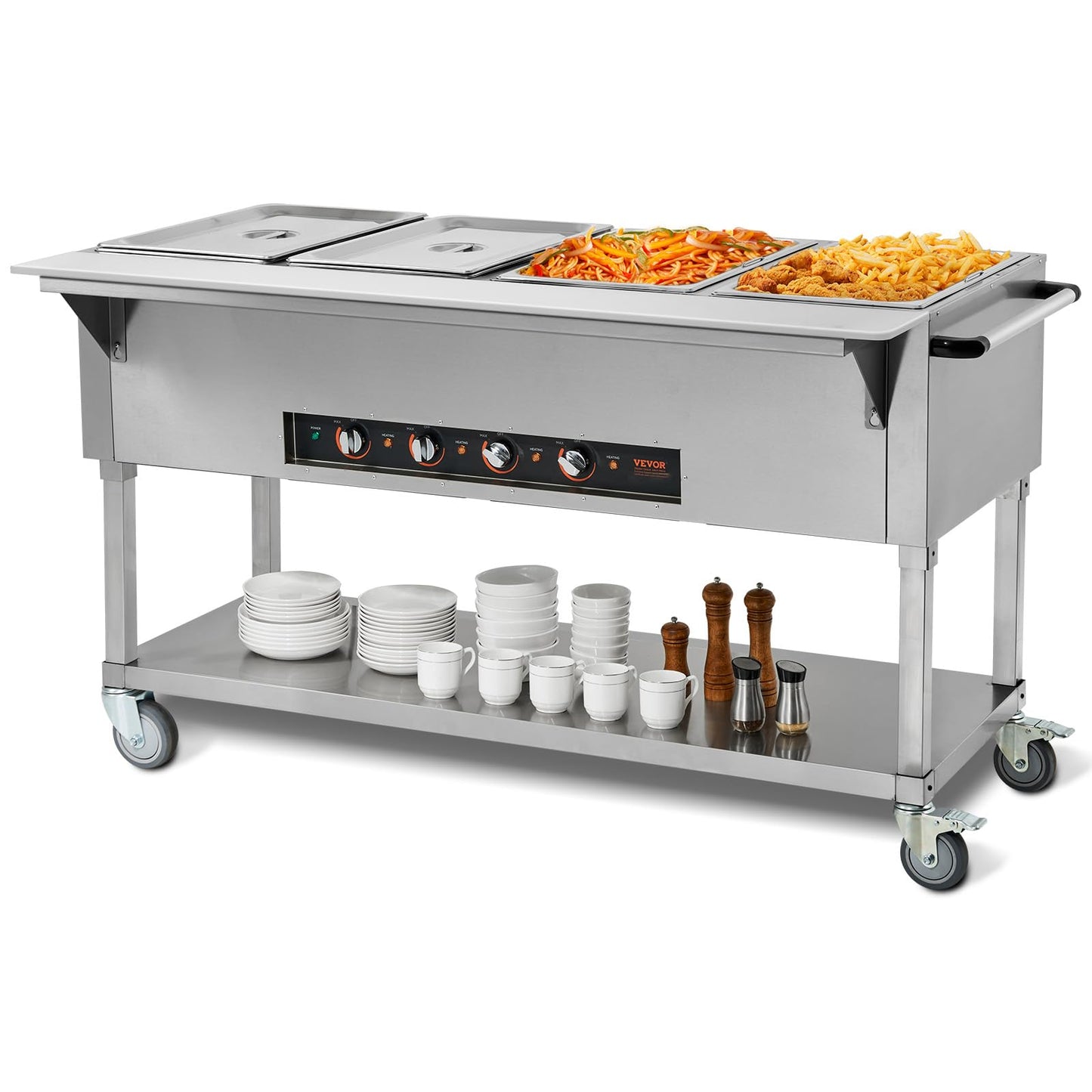 VEVOR Commercial Food Warmer, 2000W Electric Steam Table with 4 x 20.6QT Pans, Versatile Food-Grade Stainless Steel Server with Countertop & Shelf, Movable Buffet Catering Warmer for Party Restaurant