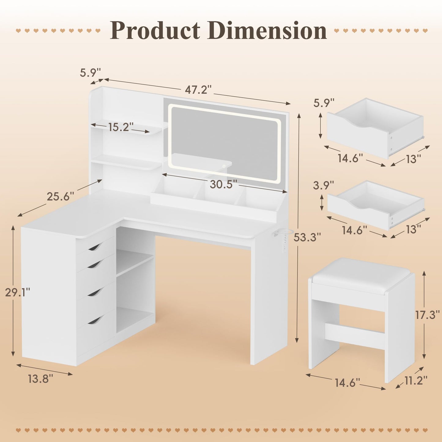 JUMMICO Makeup Vanity Desk with Mirror and Lights, L- Shaped Vanity, Modern Vanity Table with 5 Drawers & Adjustable Shelves, Power Outlet with Fast Charging, for Bedroom (White)