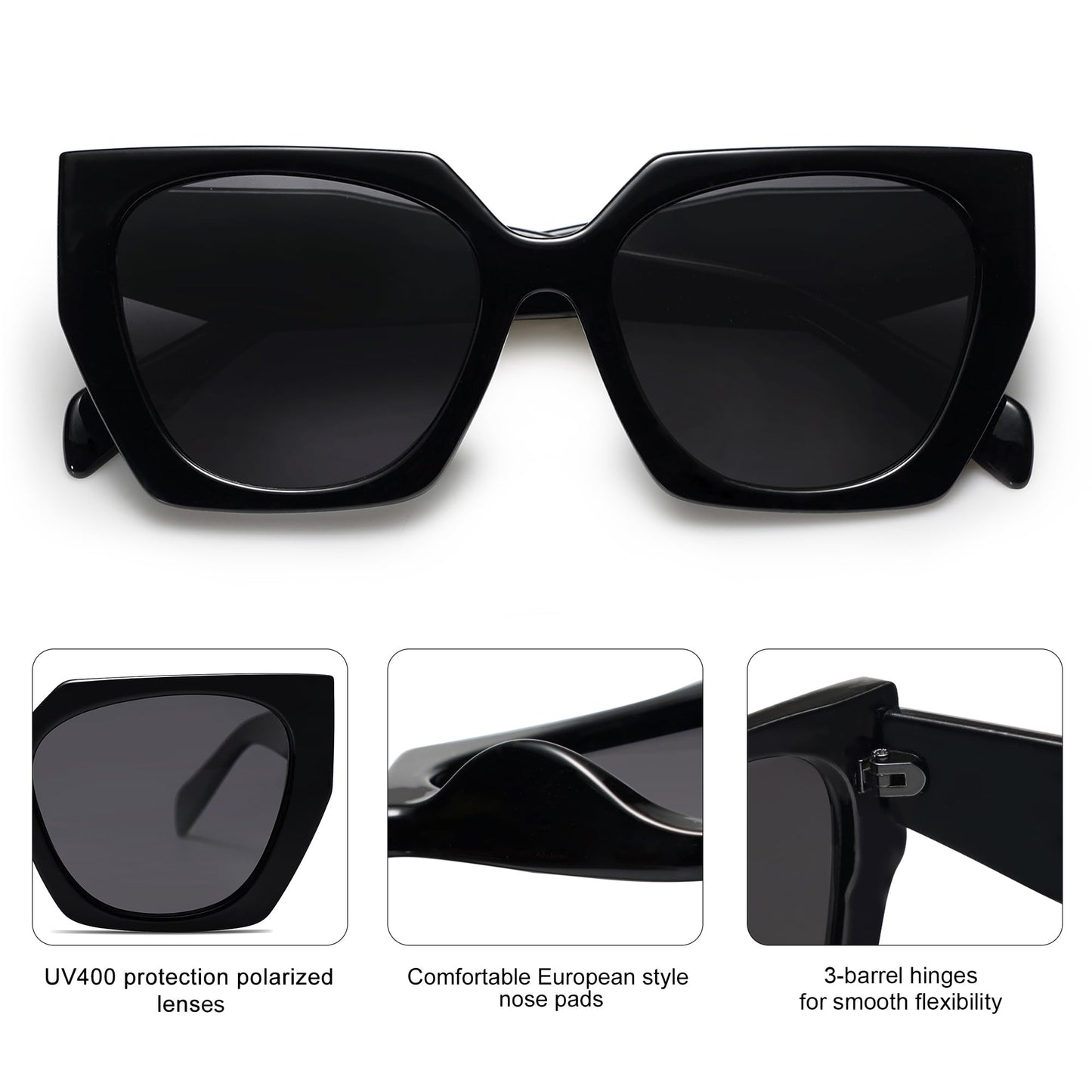 SOJOS Large Oversized Polarized Sunglasses for Women, Big Designer Womens Trendy Square Shades SJ2205, All Black