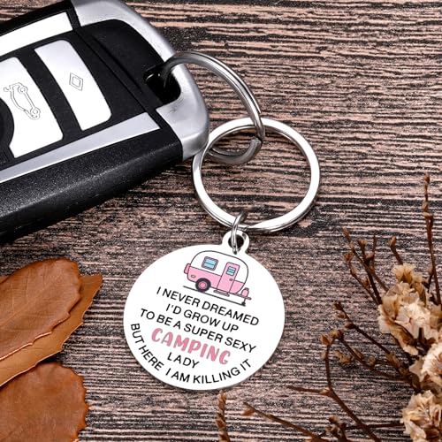 Funny Camping Keychain for Women Super Sexy Camping Lady RV Gifts Happy Camper Gift Cool Camper Accessories for Her RV Ess...