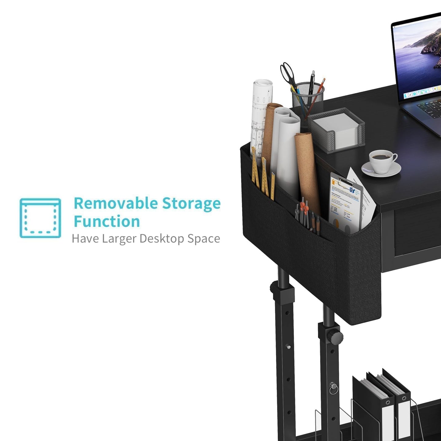 Small Portable Rolling Standing Desk - 32 Inch Adjustable Mobile Stand Up Teacher Desks with 2 Fabric Drawers on Wheels for Classroom, Couch Sofa Side Laptop Table with Storage for Home Office, Black