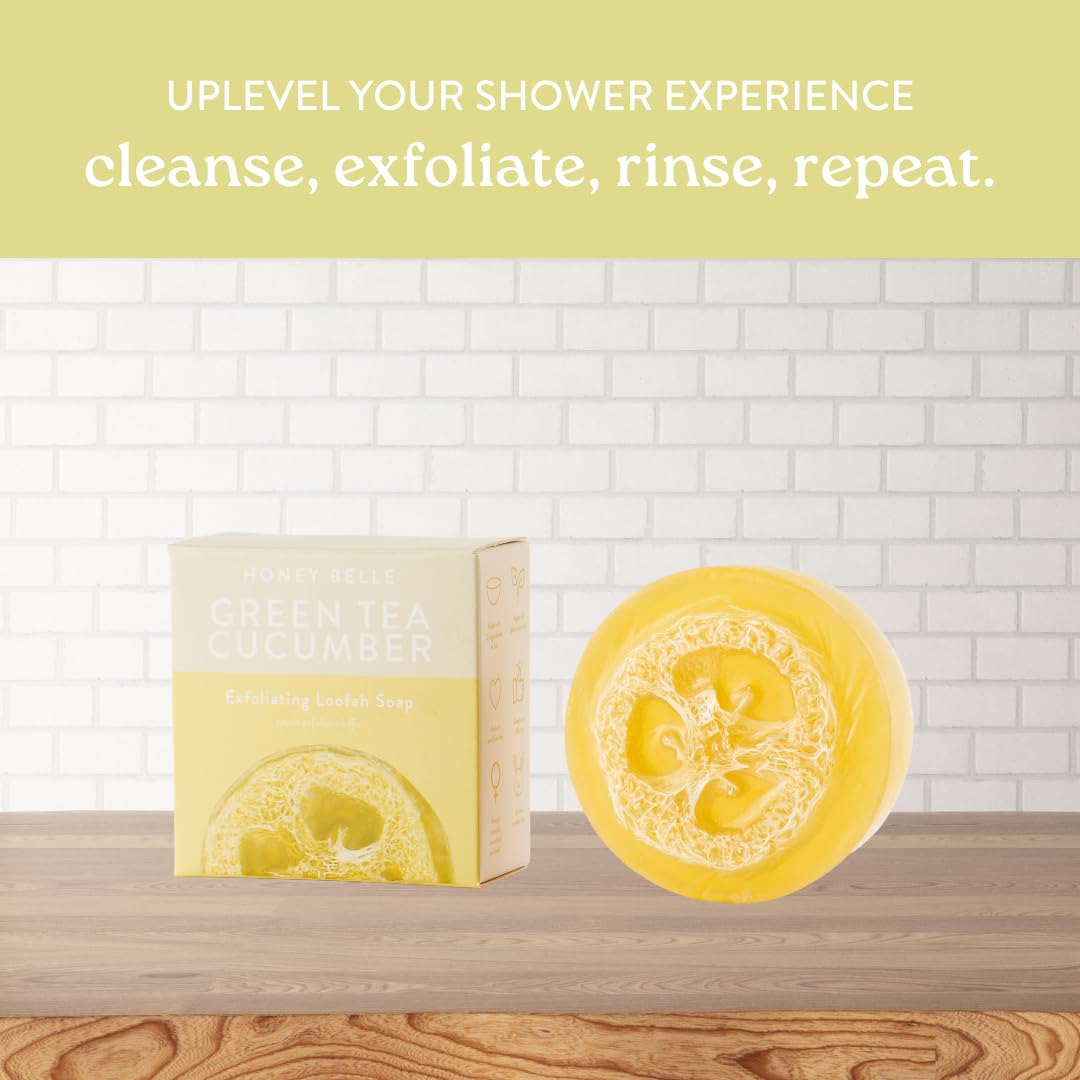 Honey Belle Green Tea Cucumber Exfoliating Loofah Soap 2-Pack - Exfoliating Bar Soap with Loofah Inside - Cleansing, Moisturizin