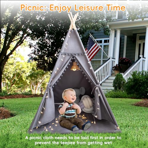 RONGFA Teepee Tent for Kids with Mat, Star Lights, Carry Case, Cotton Canvas Playhouse, Foldable Tents, Portable Children ...