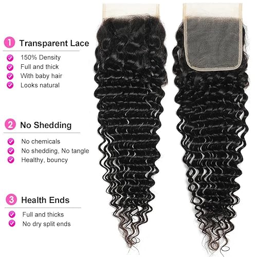 Human Hair Deep Wave Bundles with Closure 12 14 16+10 Inch Curly Weave Bundles Human Hair with 4x4 Lace Closure 12A Brazilian Remy Hair Pre Plucked with Baby hair Extensions for Black Women