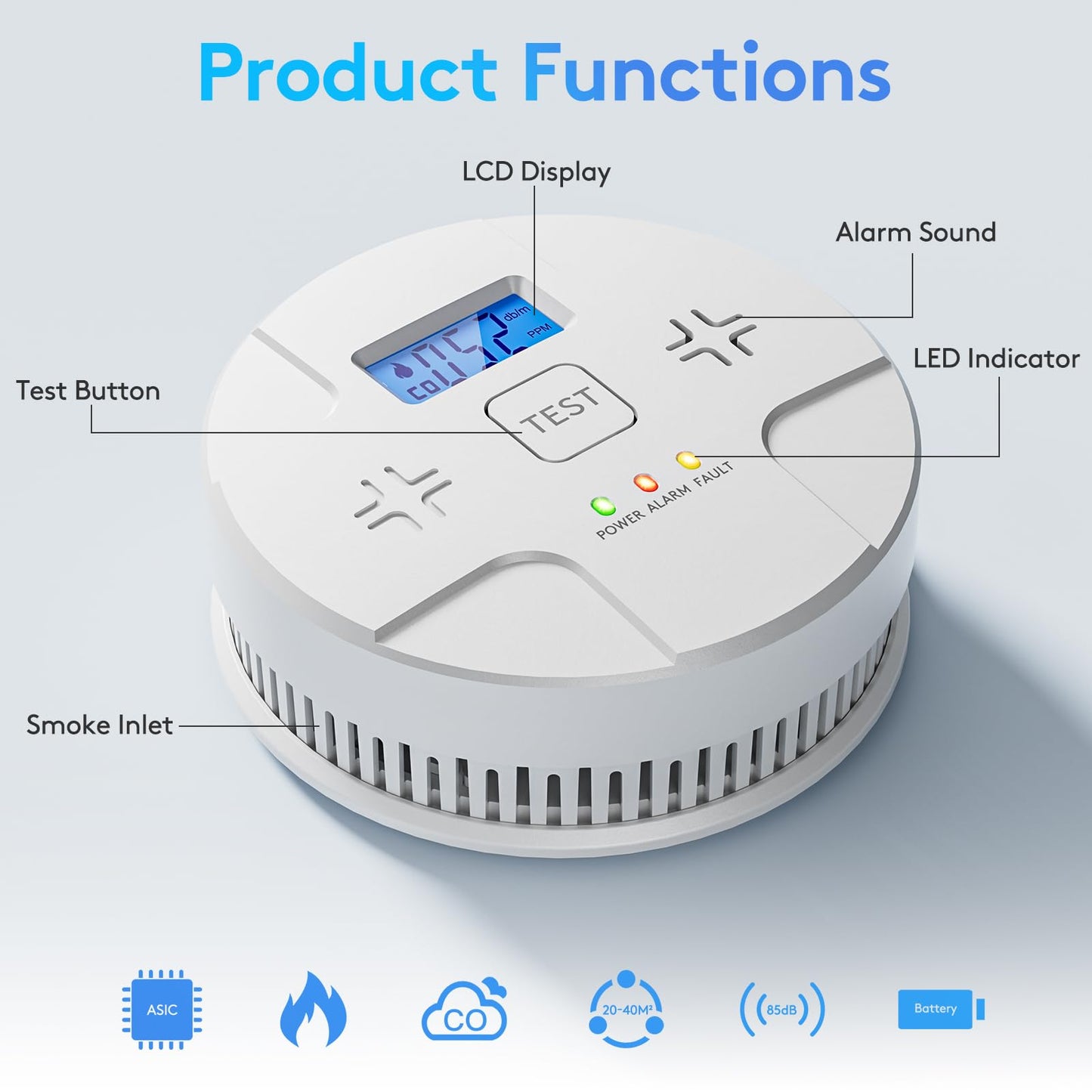 2 in 1,Combination Smoke and Carbon Monoxide Alarm,Detect CO,85 dB Alert,LCD Digital Readout,with 3 * 1.5V AA Batteries,Low Battery Warning,Self Test Button,Easy Installation and Maintenance