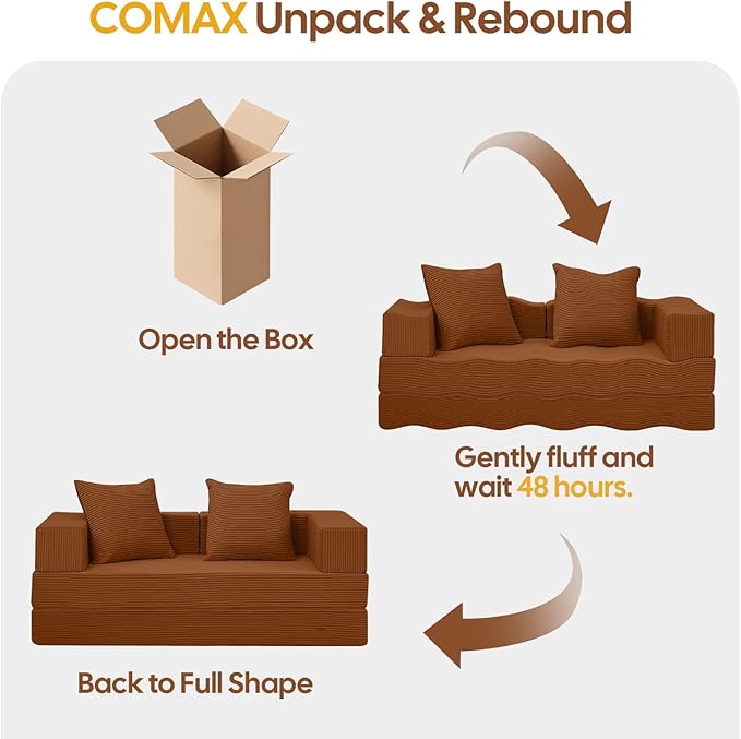 COMAX Futon Sofa Bed, 4‑in‑1 Convertible Sofa Bed, Folding Boneless Couches for Living Room, Fold Out Small Foldable Loveseat Floor Sleeper Comfy Mattress Lounge Space‑Saving, Orange