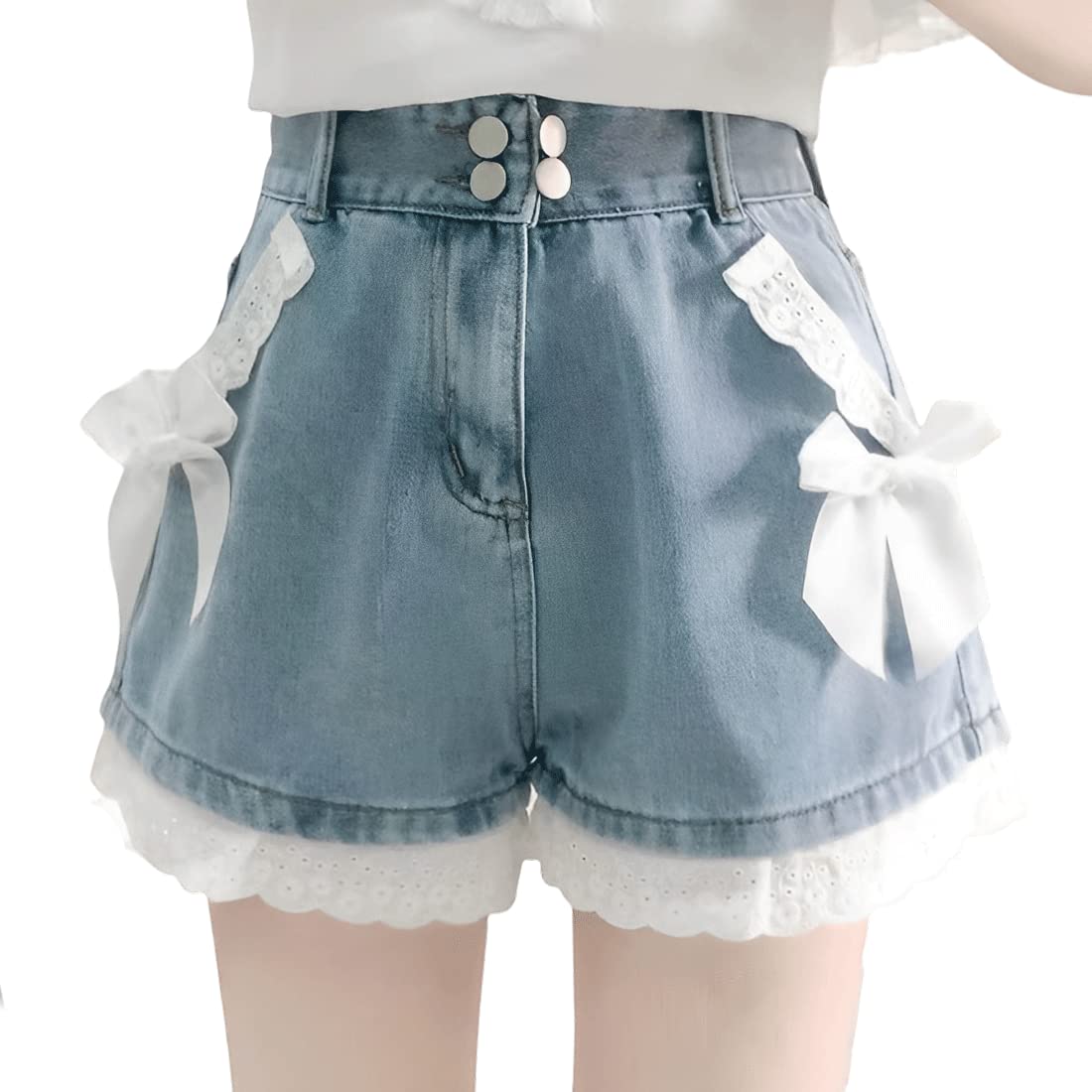 RILGOU Harajuku Y2K Style Pastel Kawaii Gothic High Waisted Straight Wide Leg Vintage Lace Knot-Bow Trim Denim Shorts S