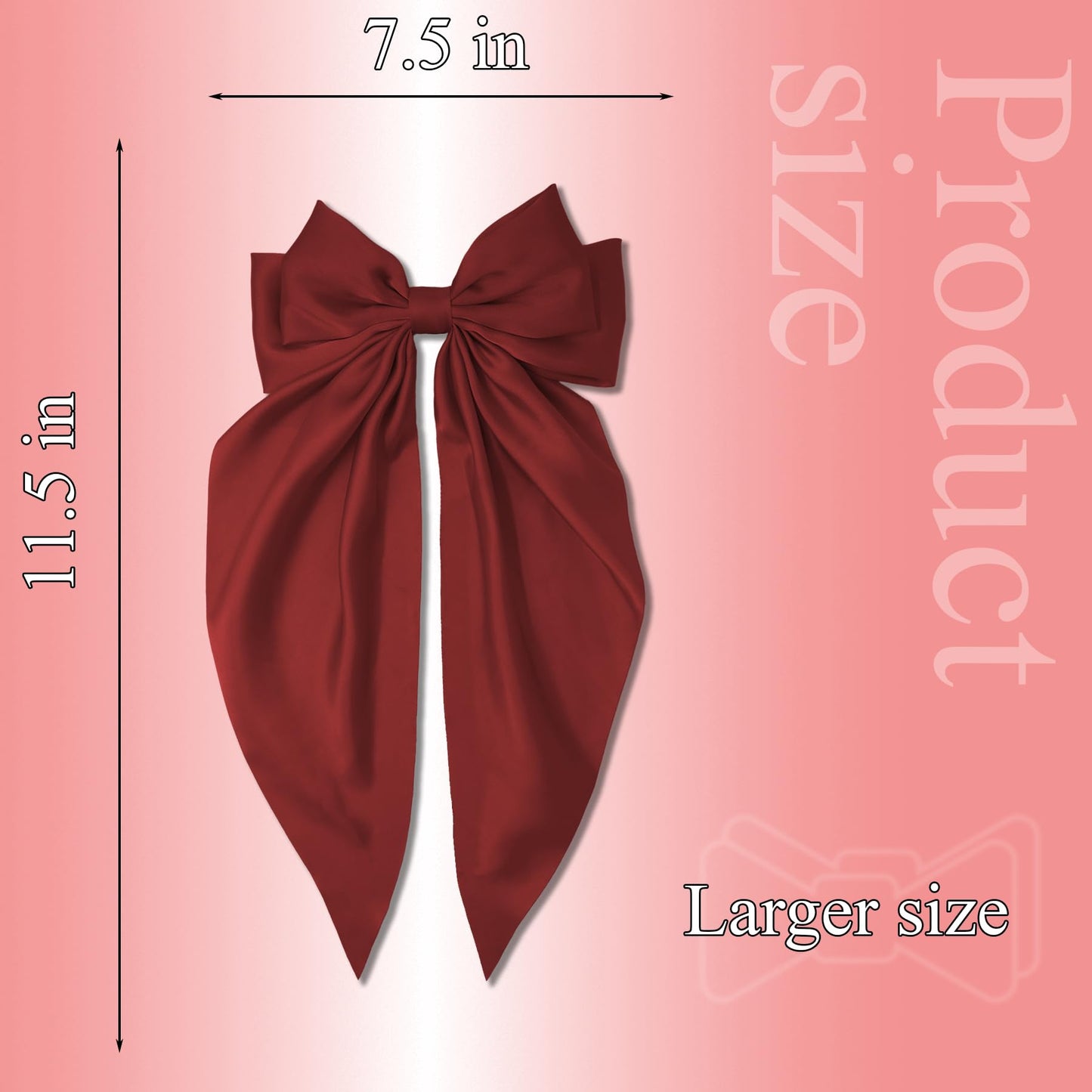 Hair Bows for Women, 2Pcs Burgundy Red Bow Hair Clips for Girls, Silky Satin Hair Bows Clips Long Tail, Large Hair Barrettes Cut