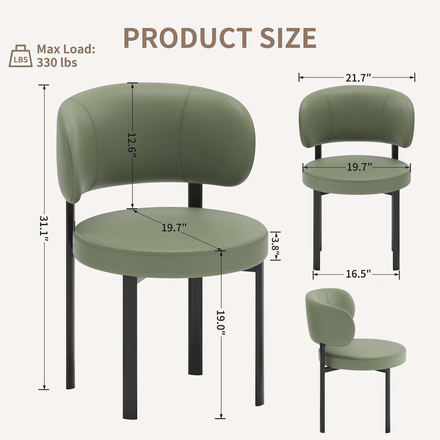 HaufChox Mid Century Dining Chairs Set of 4, Morden Kitchen Chair, Round Upholstered Seat, Curved Split Backrest, Carbon Steel Legs, Textured Leather for Bar/Restaurant/Office, Olive
