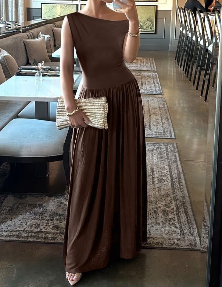 ZESICA Women's Summer 2026 Sleeveless Maxi Dress One Shoulder Casual Slim Swing Pleated Formal Dresses with Pockets