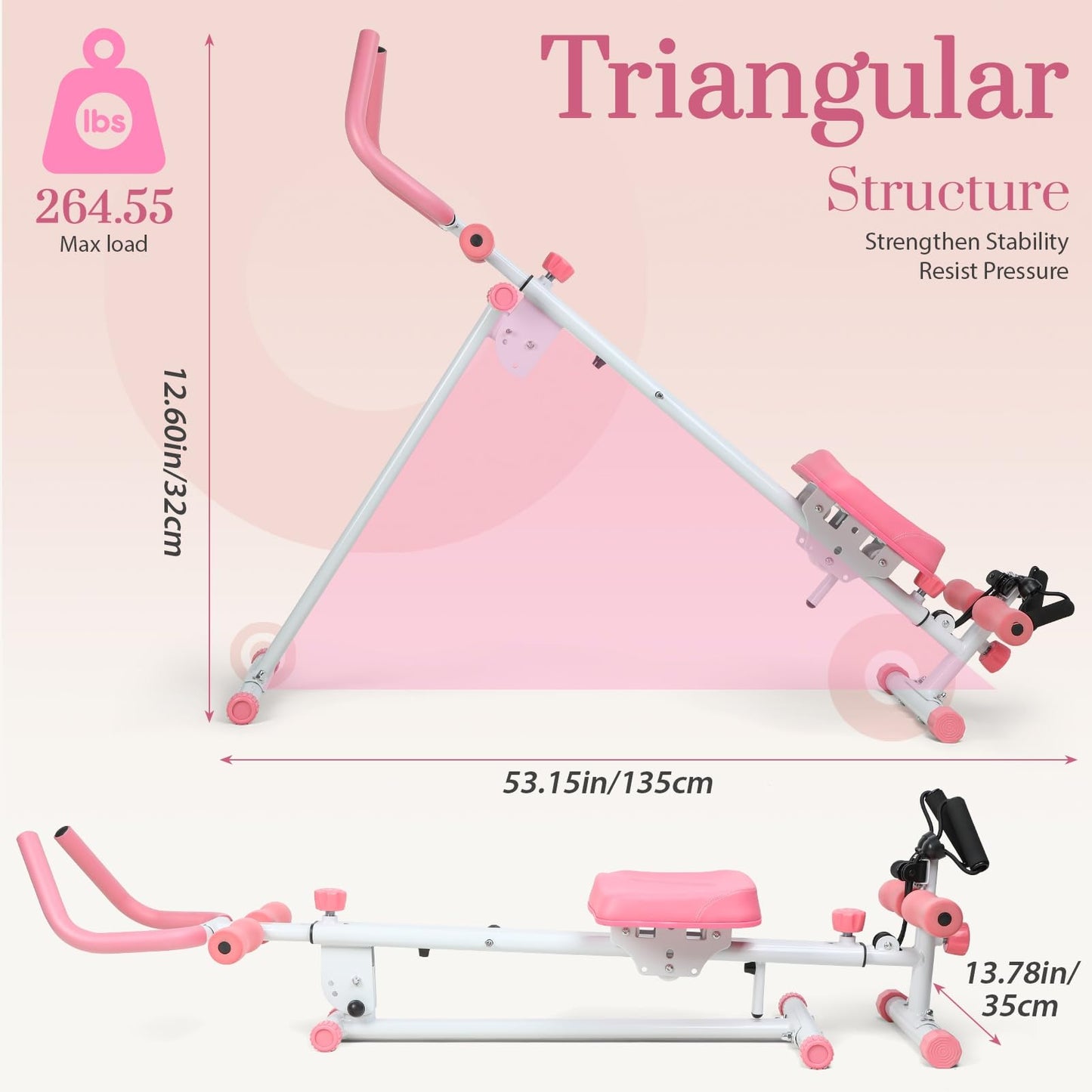 loyliawa Rowing Machines Multi-Functional Rowing Machine, Home Gym Rowin g Machines, Folding AB Workout Machine, Abdominal Rowin g Fitness Equipment for Home Use, Max 120kg Pink-White