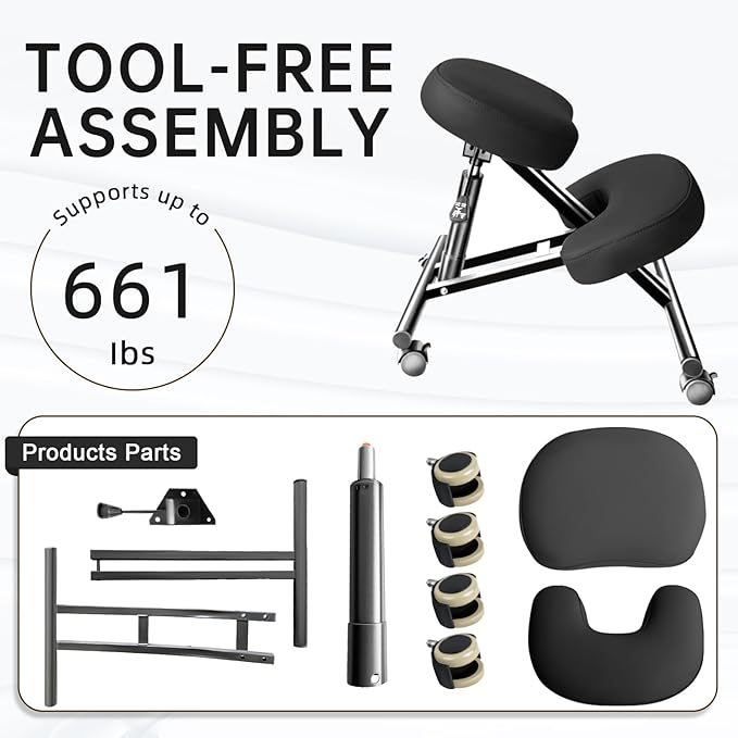 DENGTELI PU Leather Ergonomic Kneeling Chair, Adjustable Home and Office Stool with Thick Pads and Flexible Lockable Brake Wheels for Back Pain Relief(Black)