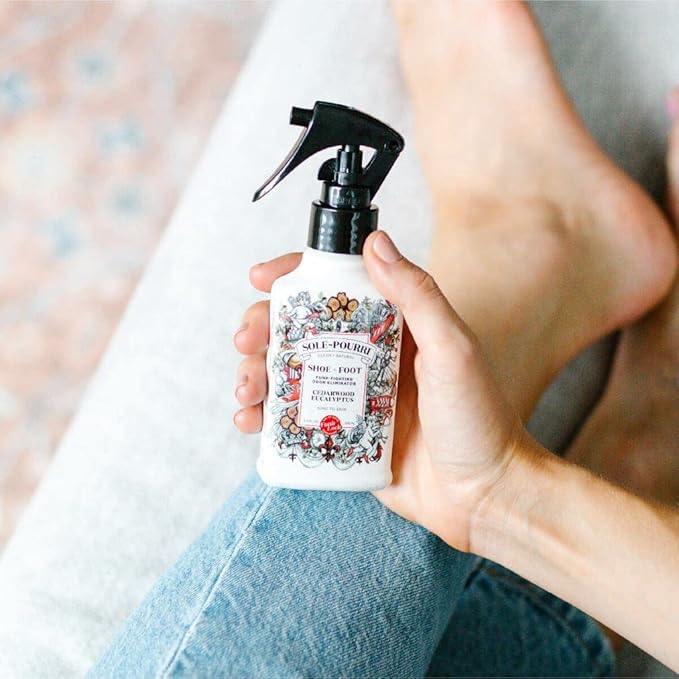 Sole-Pourri Shoe Deodorizer + Foot Spray, 3.4 Fl Oz, Up to 150 Uses, Funk-Fighting Odor Freshener with Essential Oils, for Smelly Shoes, Feet & Gym Bags, Cedarwood & Eucalyptus Scent