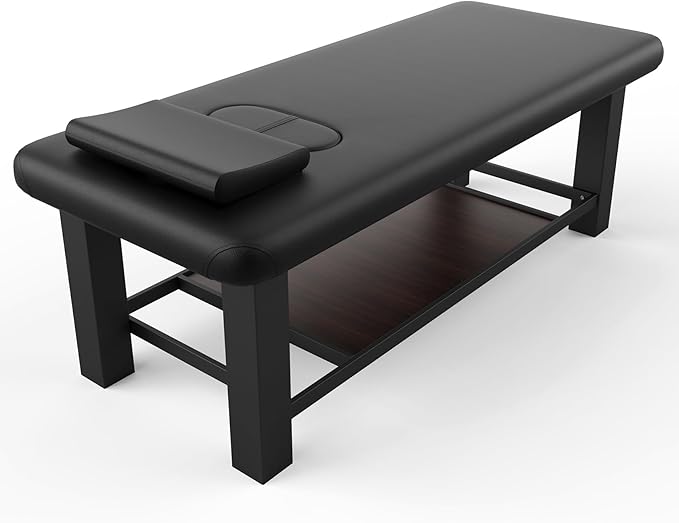 Professional Heavy-Duty Stationary Massage Table, Fixed Backrest Wide Exam Table, Metal Frame Treatment Bed for Spa Facial Salon Physical Therapy, Luxury PU Leather, Black, 31.5'' W × 75'' L