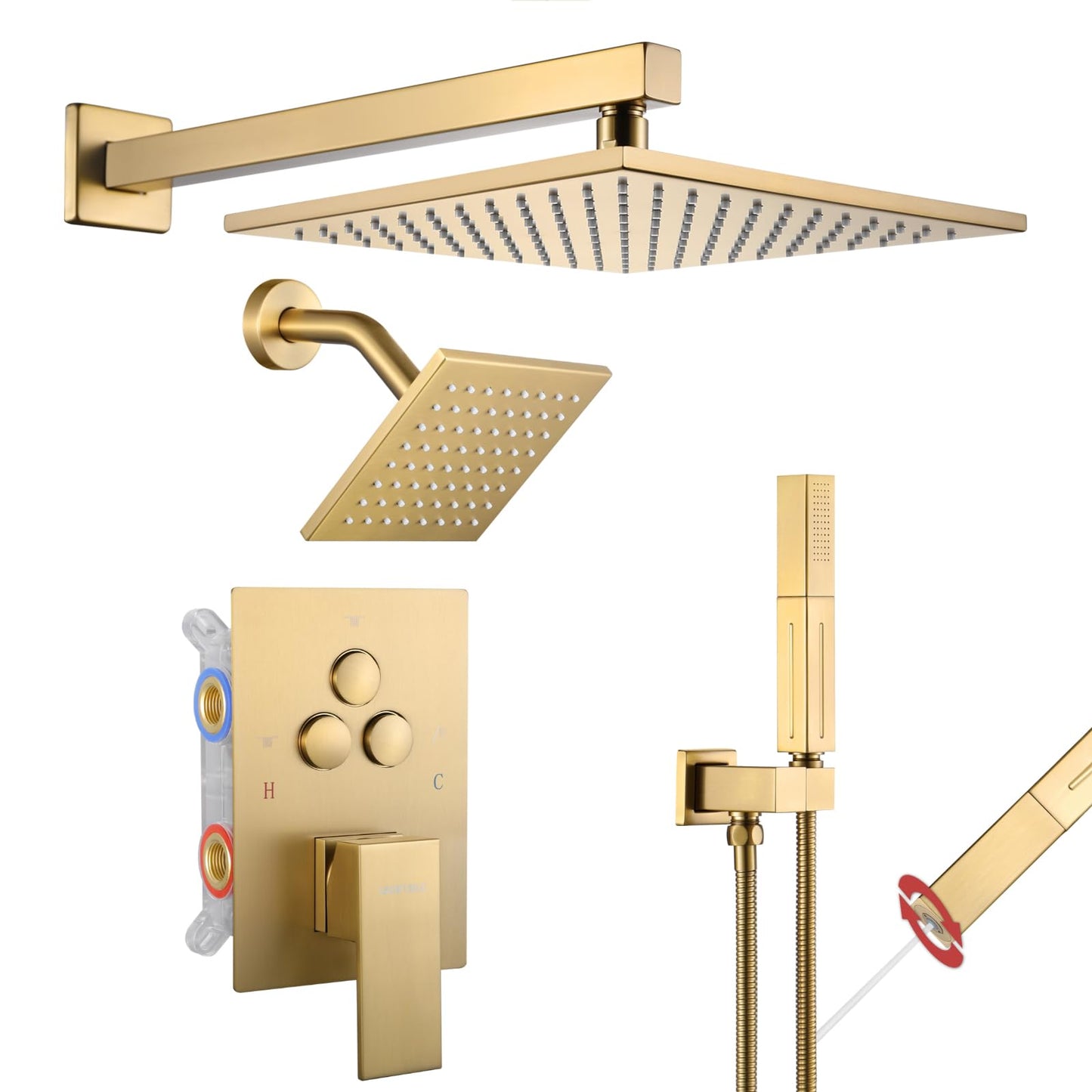 VANFOXLE Shower Faucet Set Brushed Gold Shower System, Push Button Diverter Shower Faucet with 2 in 1 Handheld, Wall Mount 10 Inch Shower Head Increased Thickness with 6 Inch Shower Head
