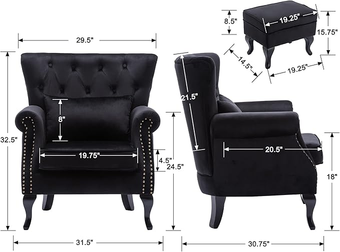 chairus Mid-Century Modern Accent Chairs with Ottoman Set of 2, Comfy Velvet Single Sofa Chair Button Tufted Wingback Armchairs with Pillow for Living Room/Bedroom/Club - Black