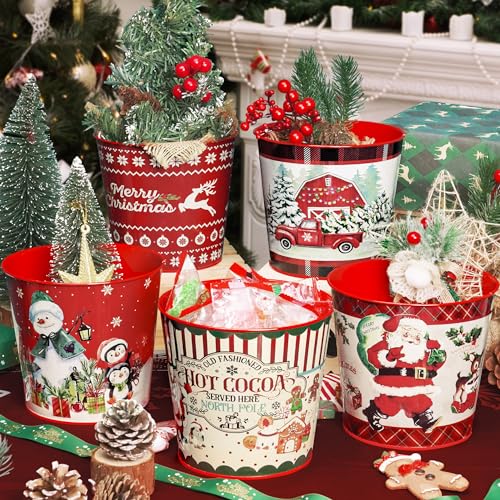 Putuo Decor Christmas Galvanized Bucket, 5 Pieces Christmas Ice Buckets for Parties, Christmas Theme Decorations Pails Gal...