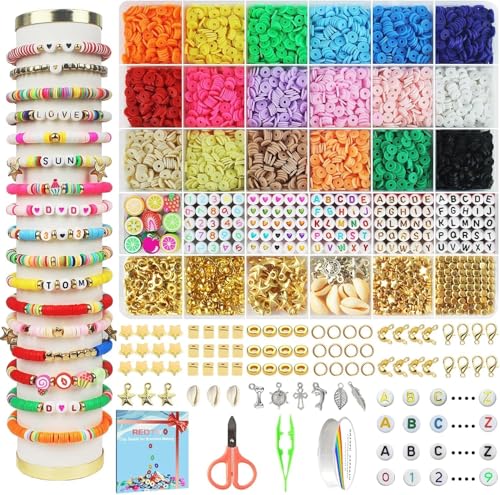 Redtwo 5100 Clay Beads Bracelet Making Kit, Flat Preppy Beads for Friendship Jewelry Making,Polymer Heishi Beads with Char...