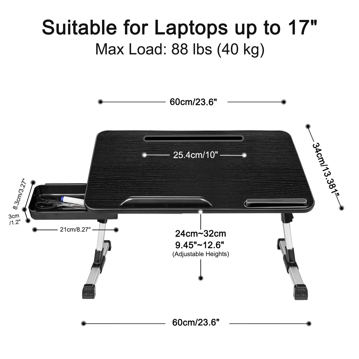 AirOpen Laptop Desk for Bed, Adjustable Height and Angle, Lap Desk with Tablet Stand and Drawer, Fits Laptop up to 17.3", Stand for Bed, Couch, Floor (23.6" x 13.4", Black)